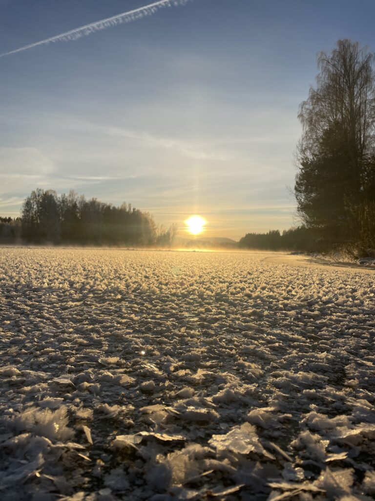 Snötäckt landskap med en sol lysande i kallt väder!